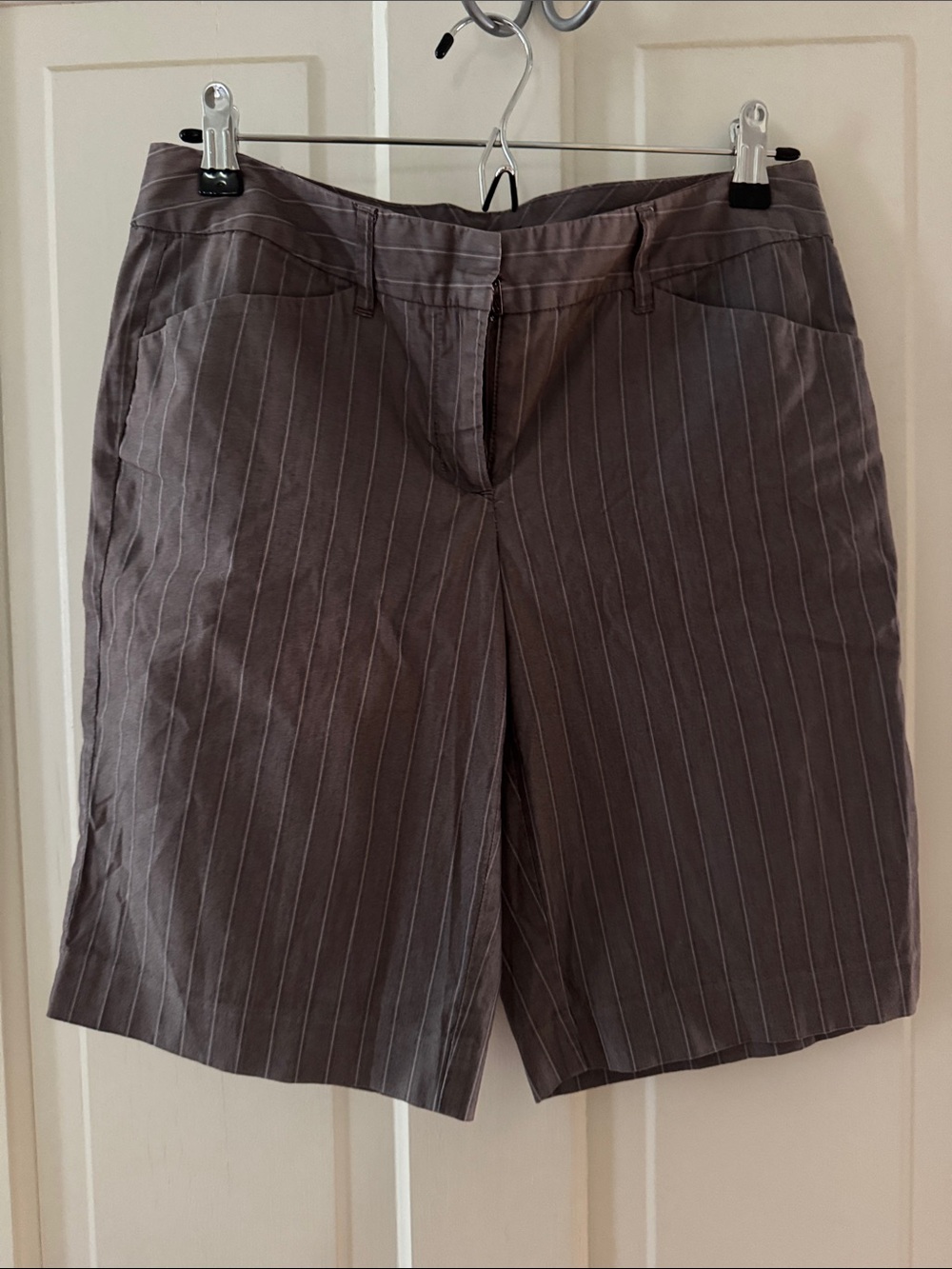 Daisy Fuentes Pinstripe Tailored Shorts - Charcoal with White Pinstripes
